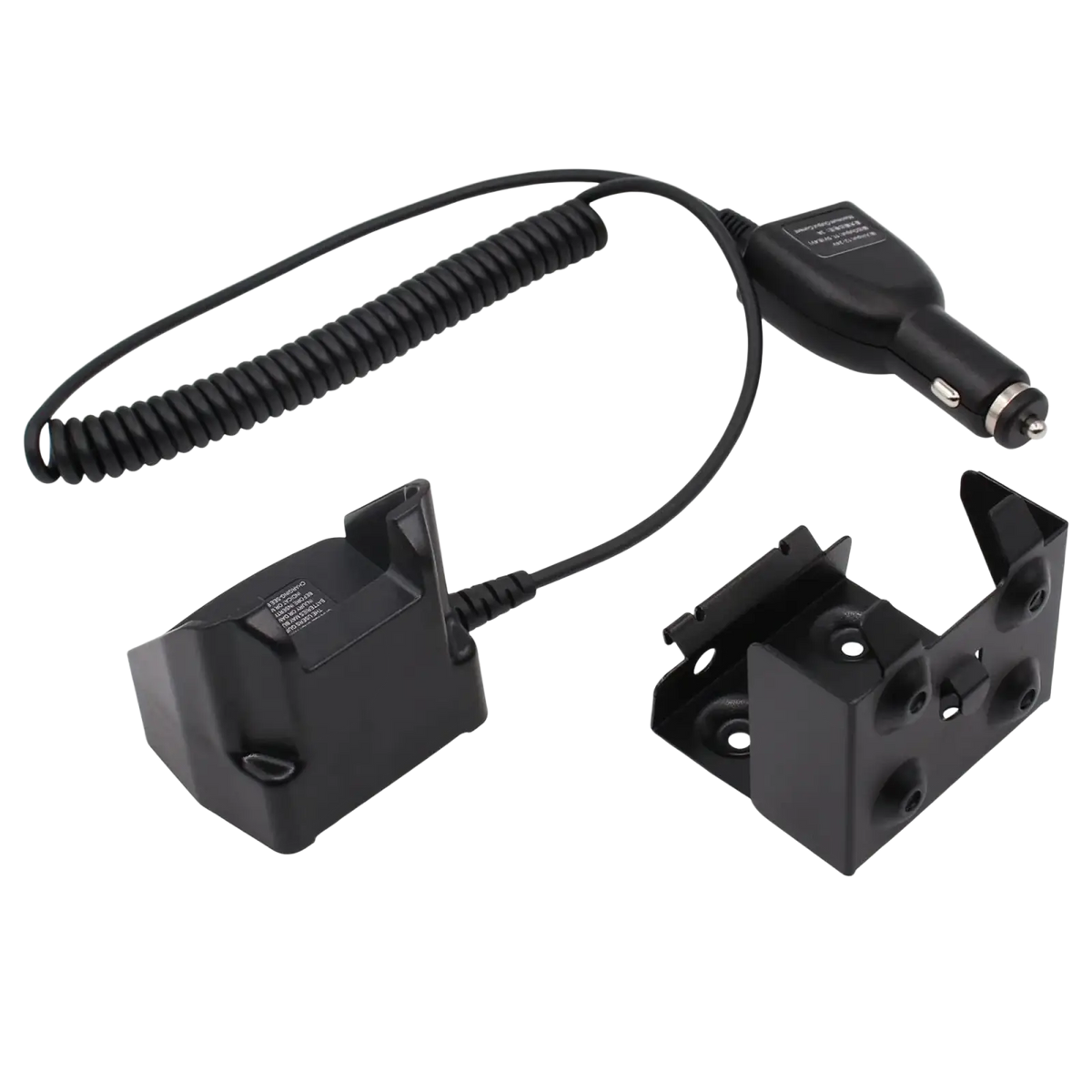 Black coiled motorola mototrbo vehicular charger with rectangular cradle and mounting bracket for una batería está