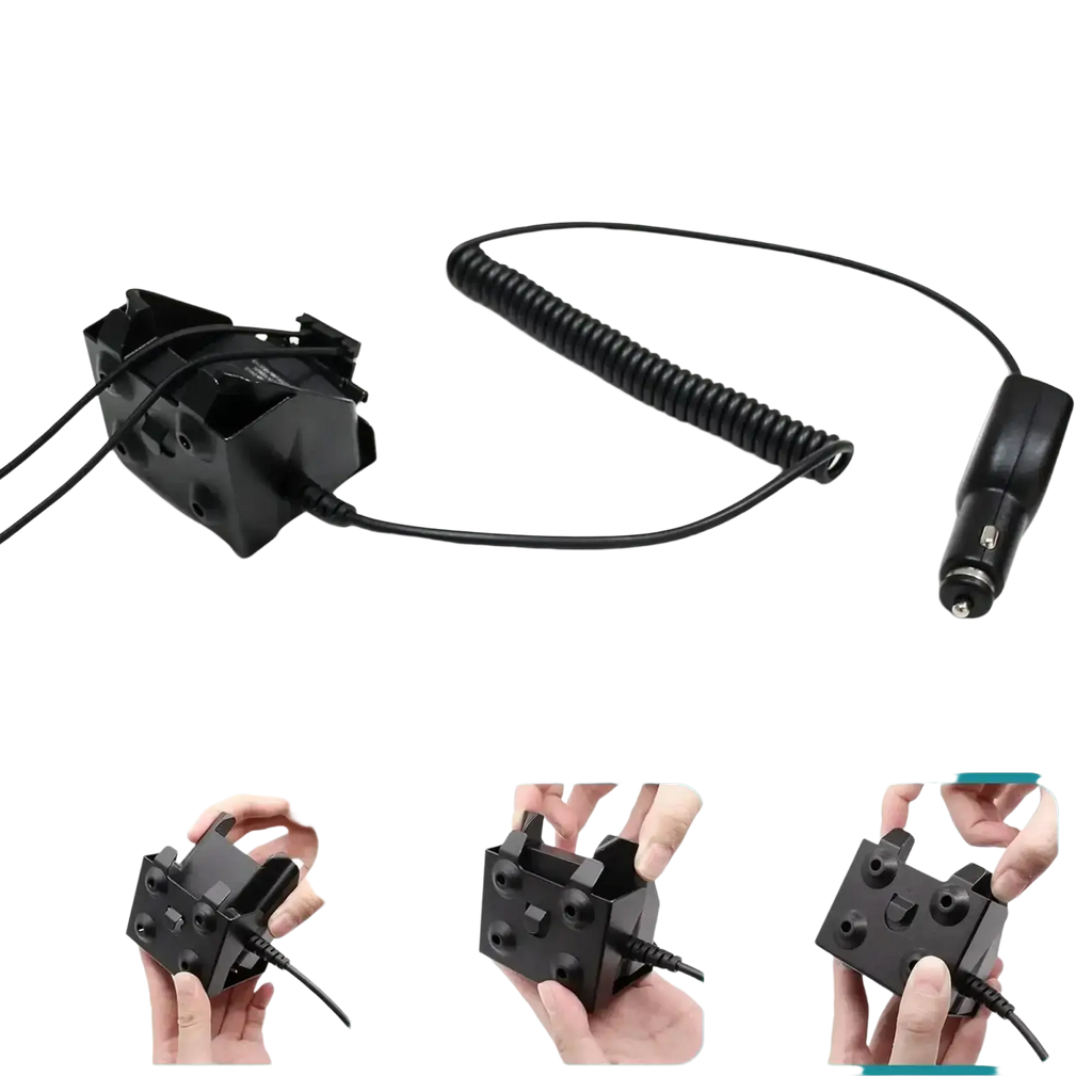Black plastic motorola mototrbo vehicular charger with coiled cable and clip attachment for dp and xpr radios
