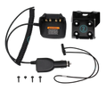 Black plastic motorola mototrbo vehicular charger with coiled cable and dock for dp and xpr radios batería está