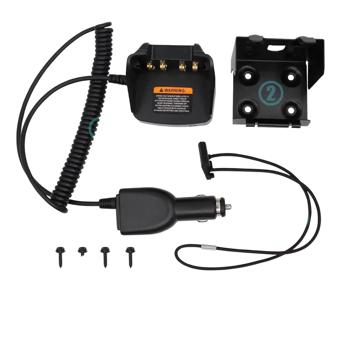 Black plastic motorola mototrbo vehicular charger with coiled cable and dock for dp and xpr radios batería está