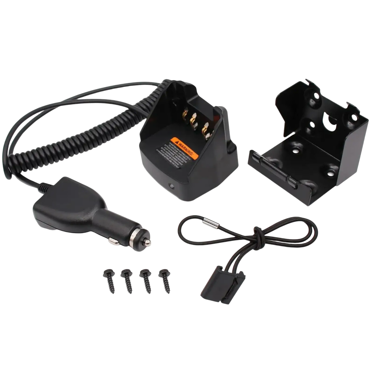 Black plastic motorola mototrbo vehicular charger with coiled cable and cradle for dp and xpr radios batería está