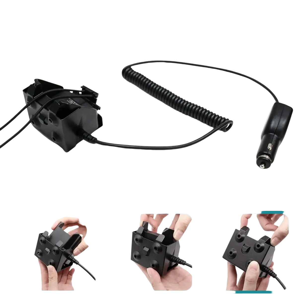 Black plastic motorola mototrbo vehicular charger with coiled cable and batería está base for dp and xpr radios installation