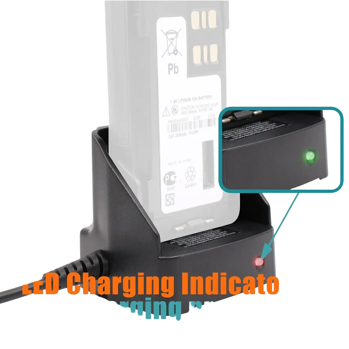 Black plastic motorola mototrbo vehicular charger dock with led indicator lights for batería está status