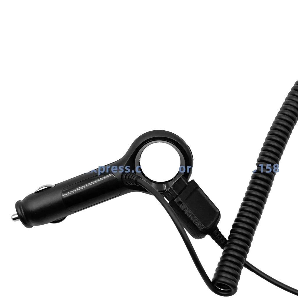 Black car charger cable with coiled design and integrated magnifying lens for motorola mtp3100 mtp3150 mtp3250 models