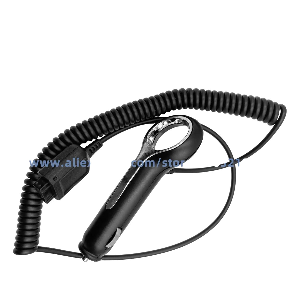 Black Motorola mtp3100 mtp3150 mtp3250 car charger cable with a coiled design and integrated magnifying glass for easy use