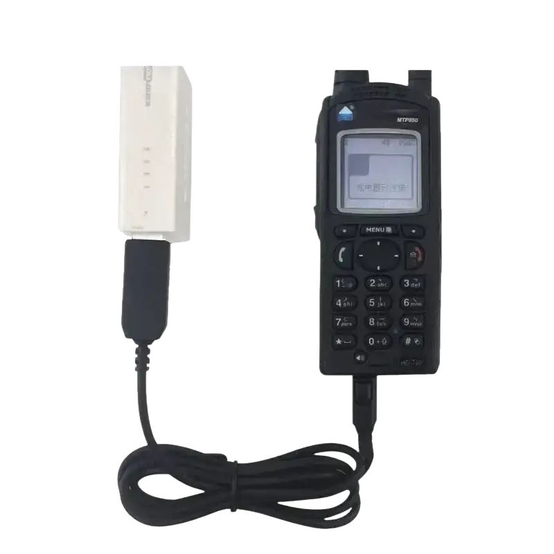 Black mtp860 mobile radio connected to white charging cable adapter compatible with mtp850s mtp810 mtp750 models