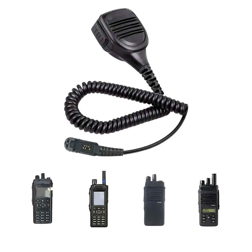 Black coiled microphone headset with rugged textured grip and connector compatible with Motorola walkie-talkies