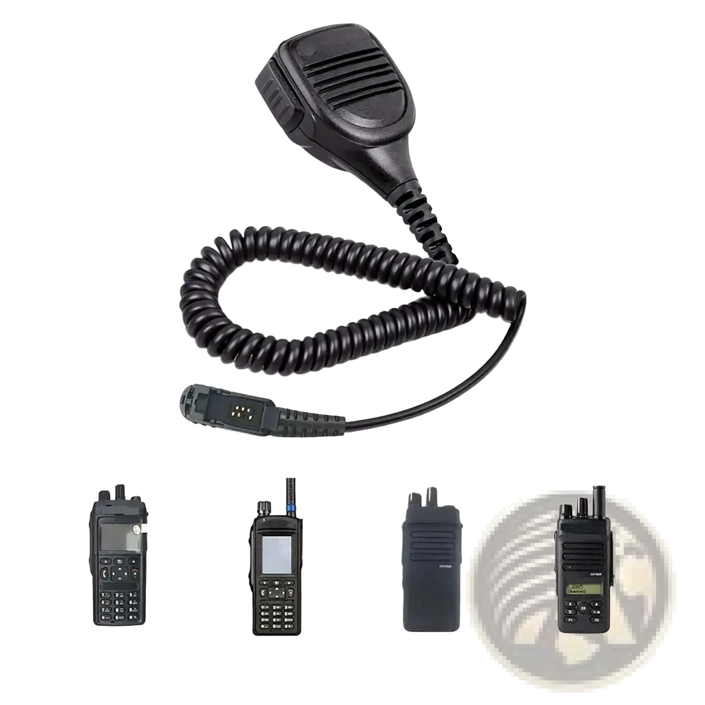 Black coiled microphone headset with rugged textured grip and connector compatible with Motorola walkie-talkies