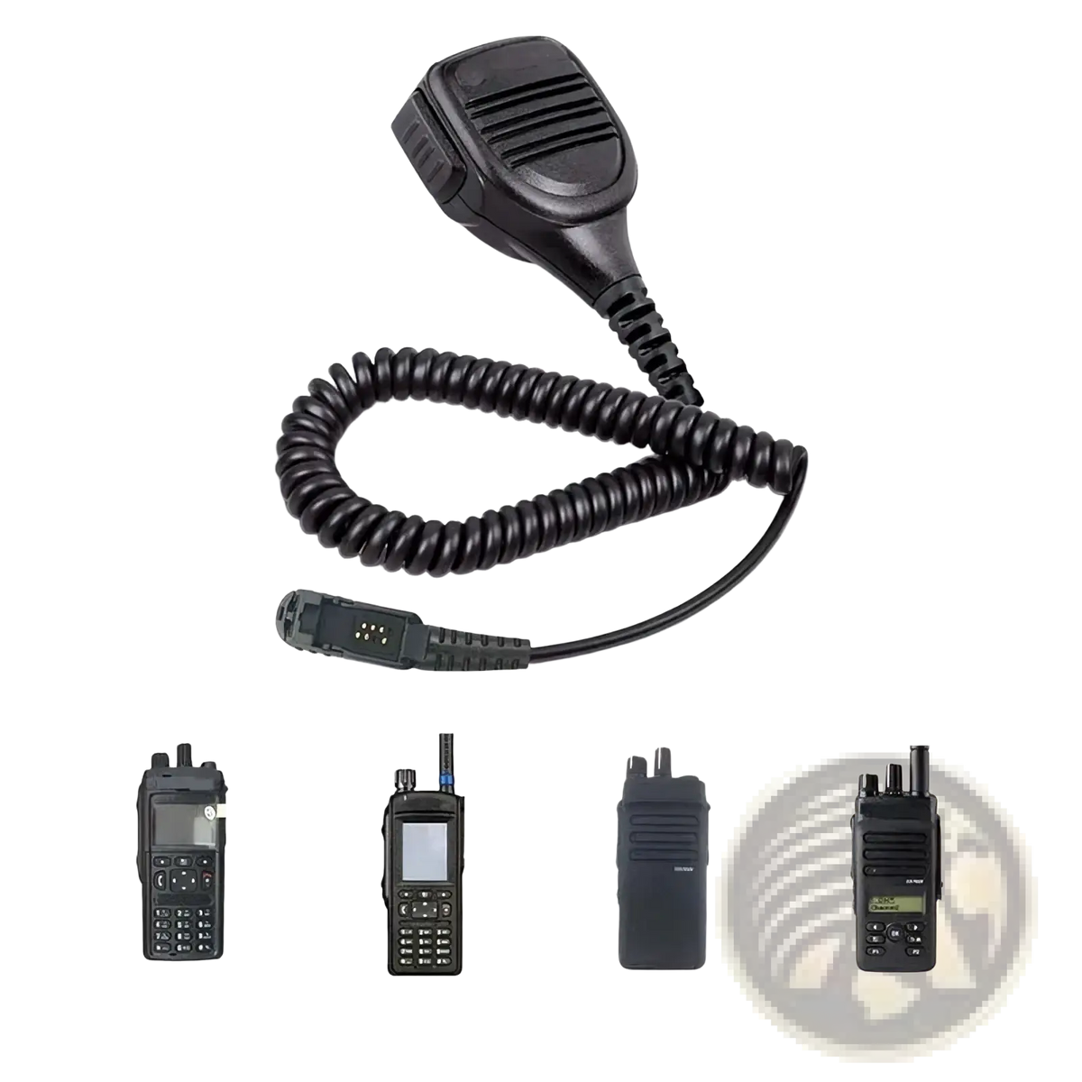 Black coiled microphone headset with rugged textured grip and connector compatible with Motorola walkie-talkies
