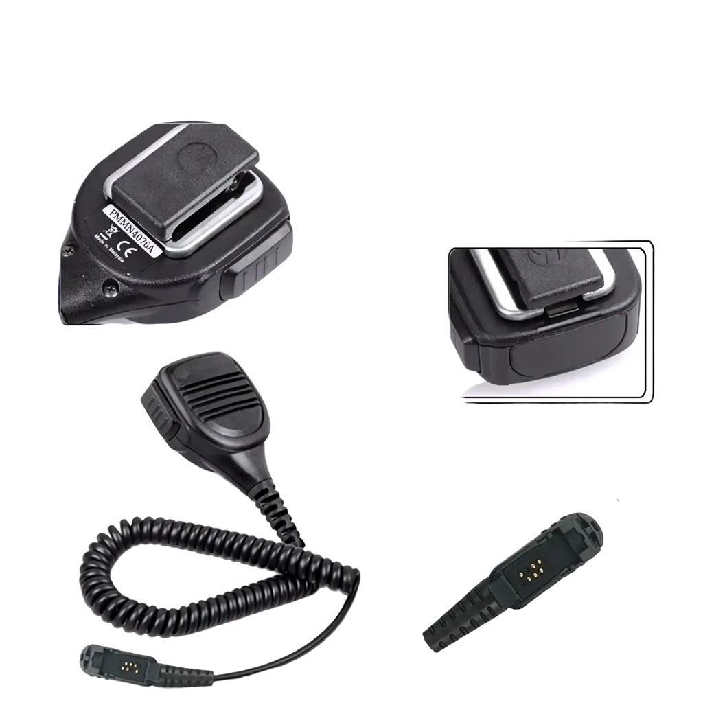 Motorola Pmmn4076a black plastic speaker microphone with coiled cable and metallic connector for two-way radios