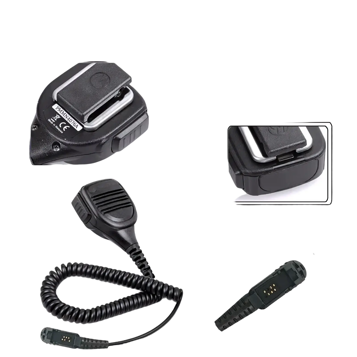 Motorola Pmmn4076a black plastic speaker microphone with coiled cable and metallic connector for two-way radios