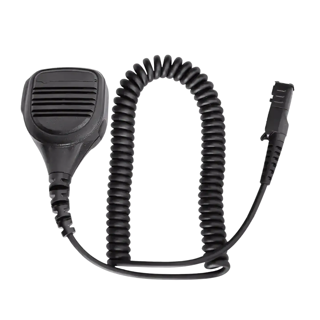 Motorola Pmmn4076a black plastic speaker microphone with coiled cord and connector for two-way radios