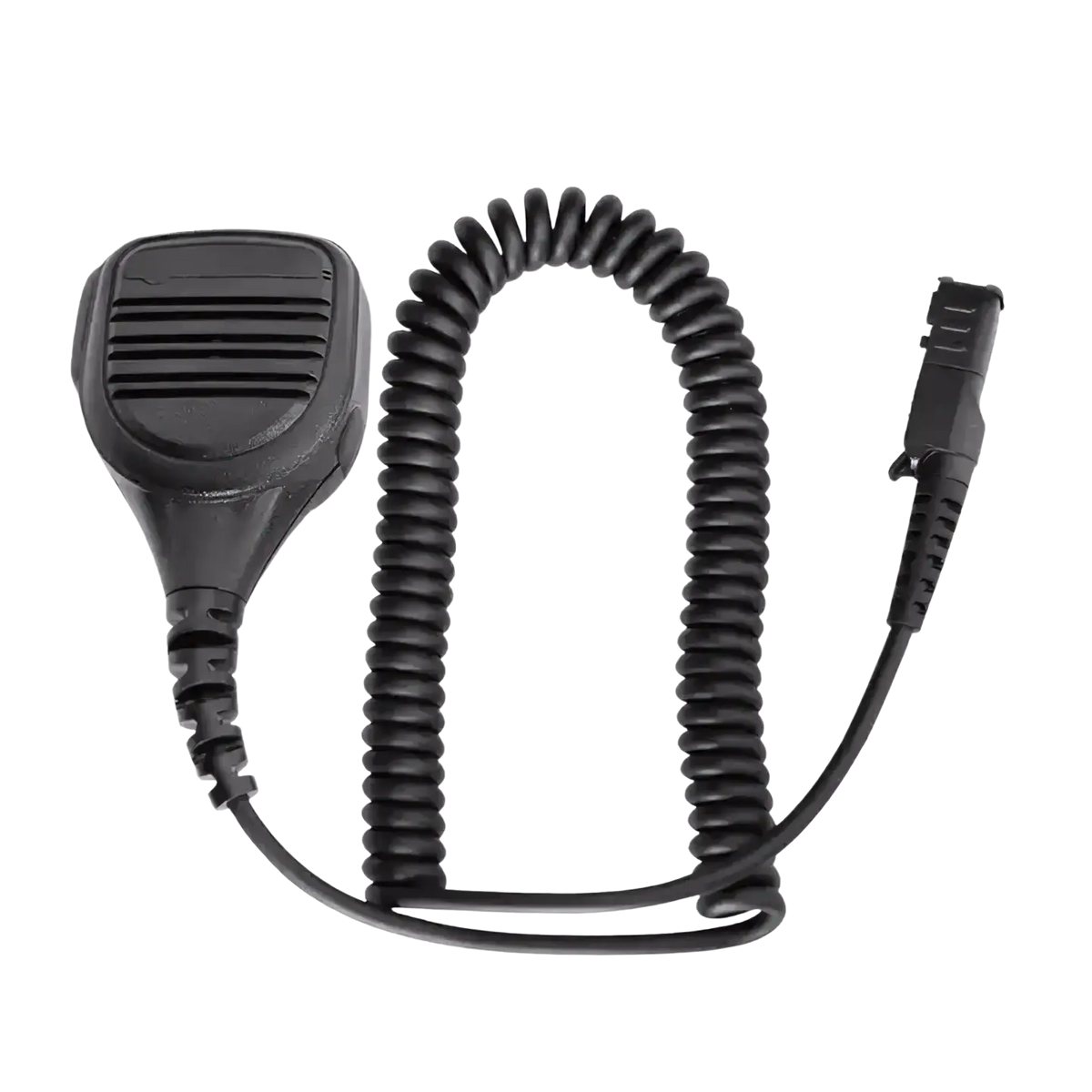 Motorola Pmmn4076a black plastic speaker microphone with coiled cord and connector for two-way radios