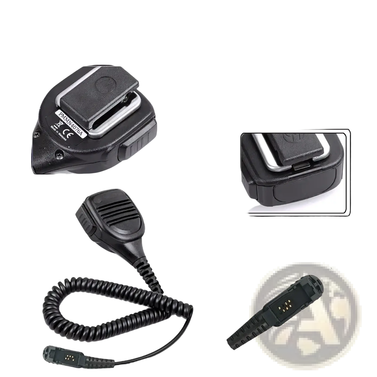 Motorola Pmmn4076a black plastic speaker microphone with coiled cable and metallic connector for two-way radios