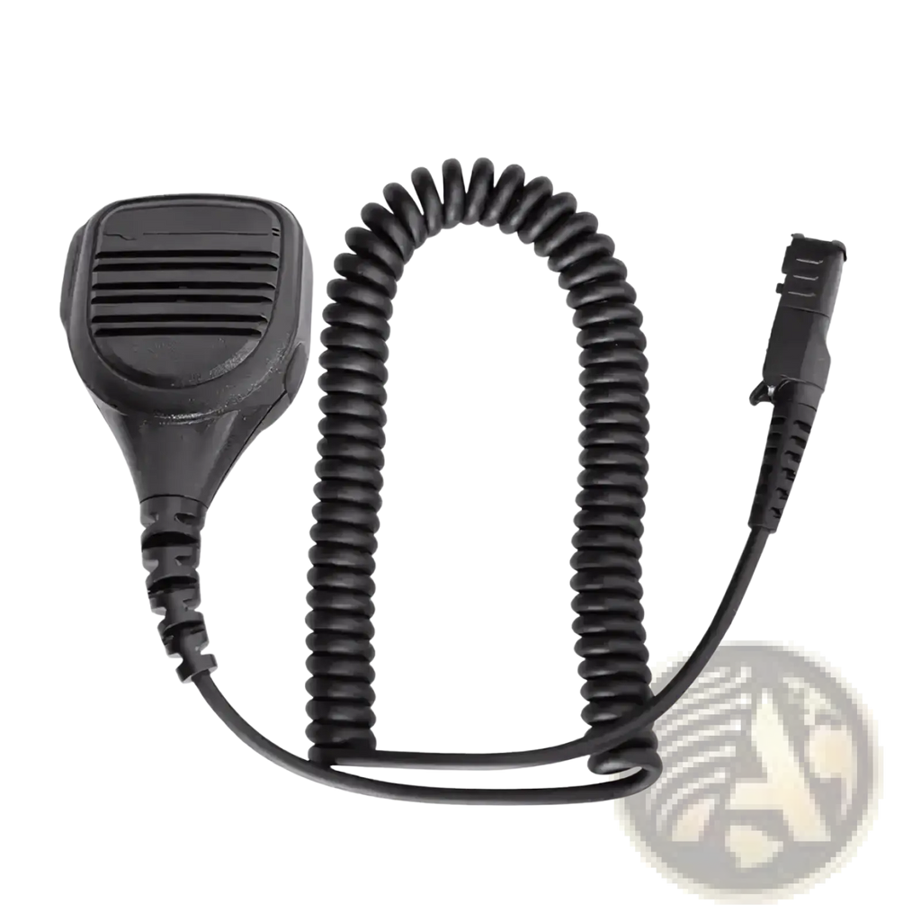 Motorola Pmmn4076a black plastic speaker microphone with coiled cord and connector for two-way radios