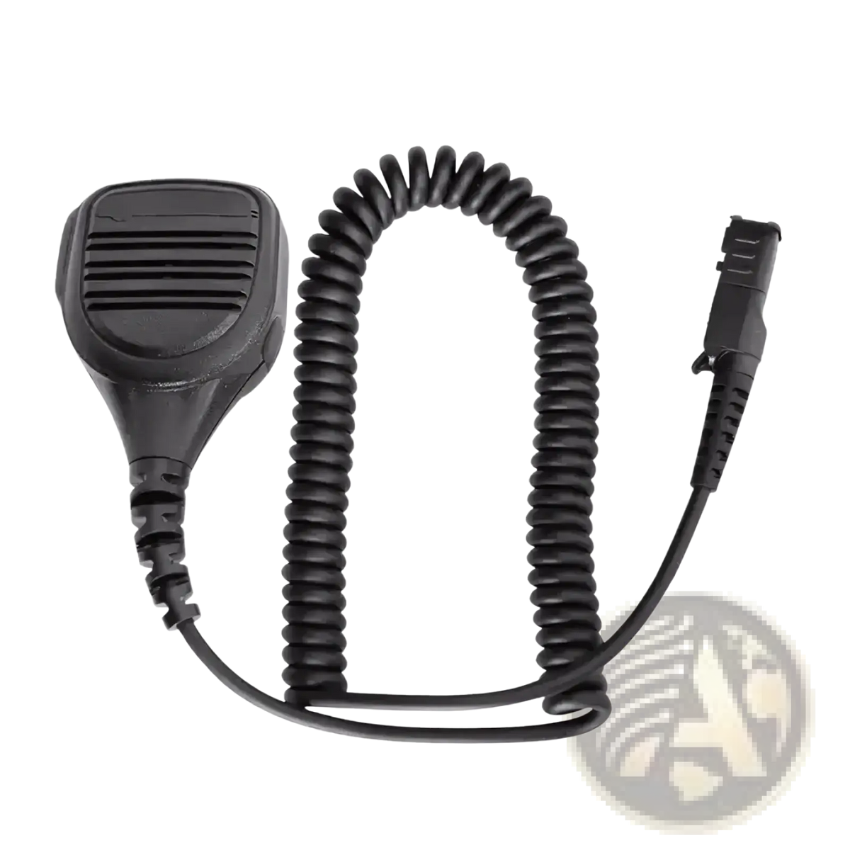 Motorola Pmmn4076a black plastic speaker microphone with coiled cord and connector for two-way radios