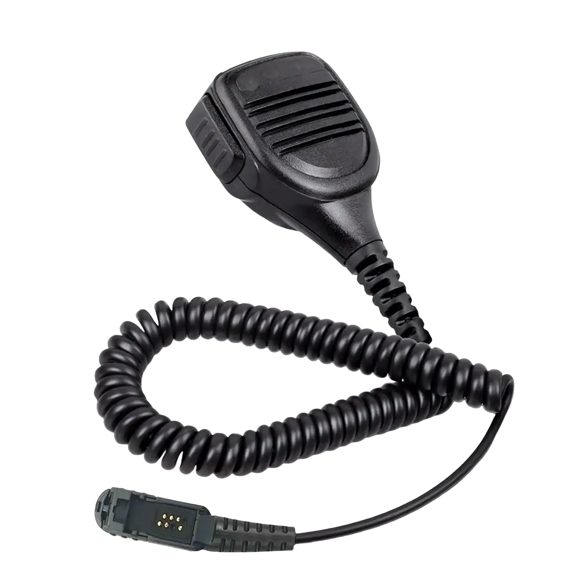 Black plastic handheld speaker microphone with coiled cord and connector for Motorola Pmmn4076a use