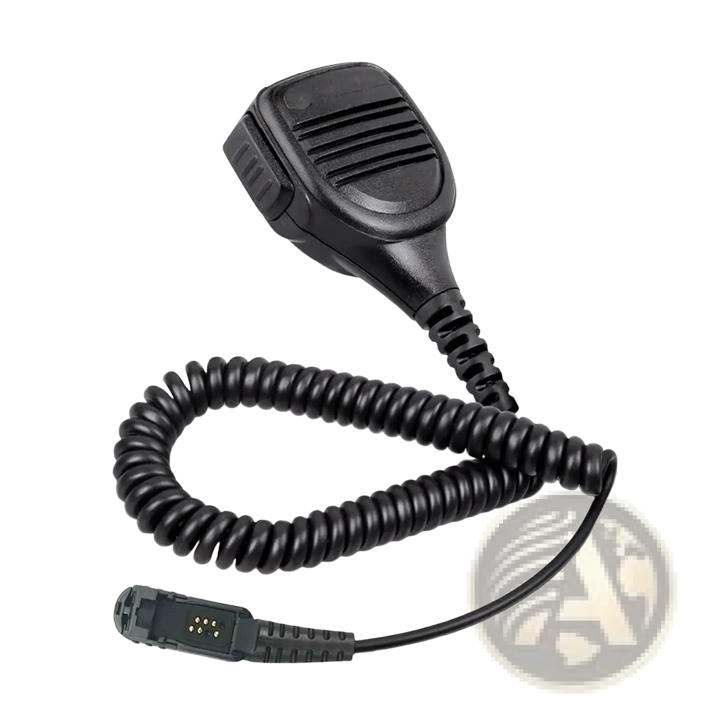 Black plastic handheld speaker microphone with coiled cord and connector for Motorola Pmmn4076a use