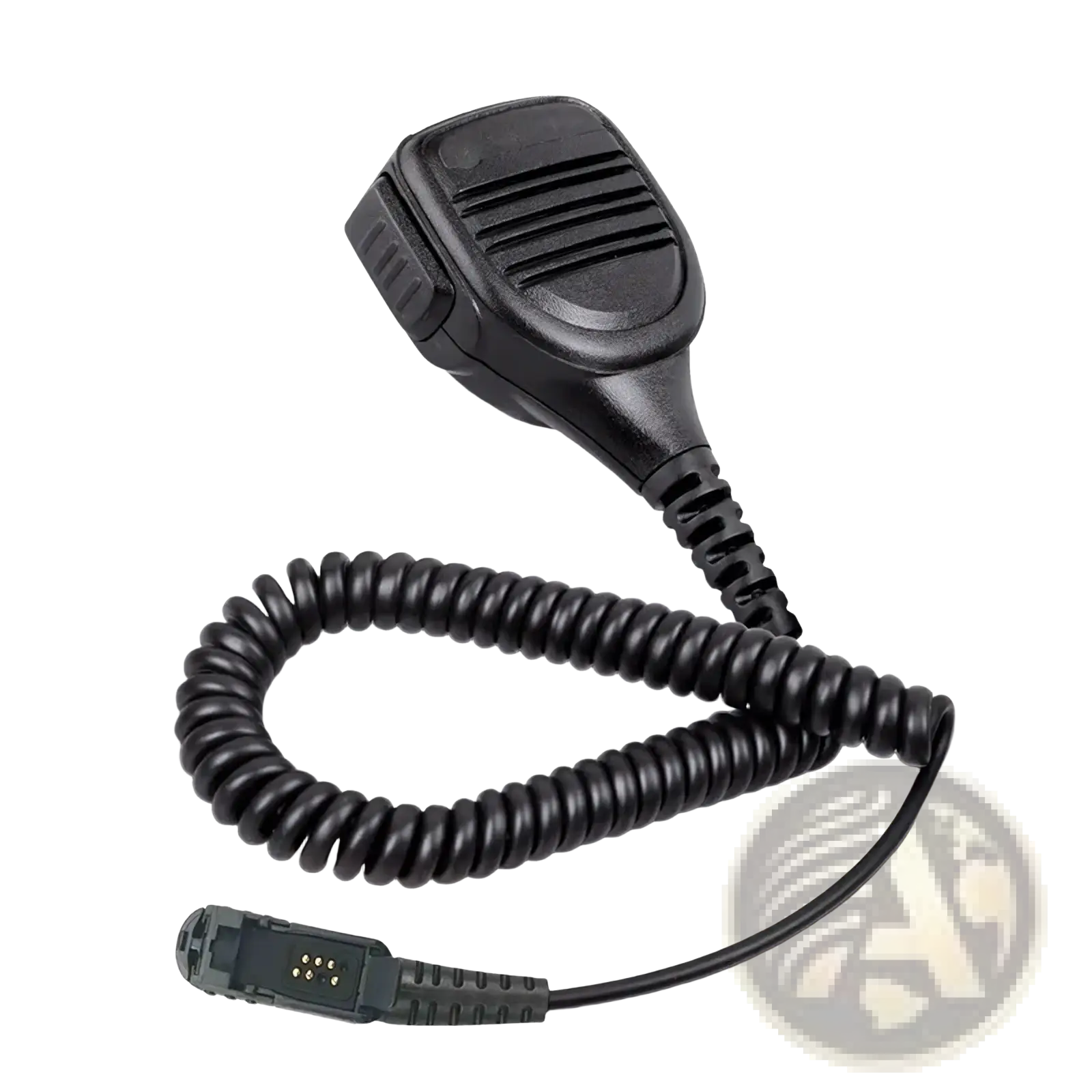 Black plastic handheld speaker microphone with coiled cord and connector for Motorola Pmmn4076a use