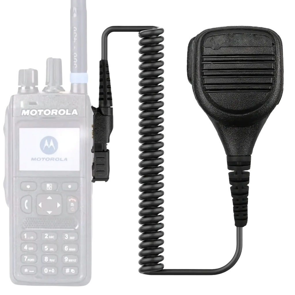 Black rubberized Motorola Pmmn4076a speaker microphone with coiled cord and clip for two-way radios