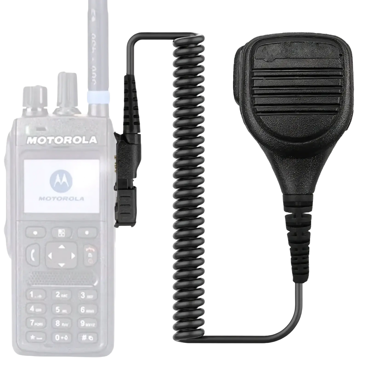 Black rubberized Motorola Pmmn4076a speaker microphone with coiled cord and clip for two-way radios