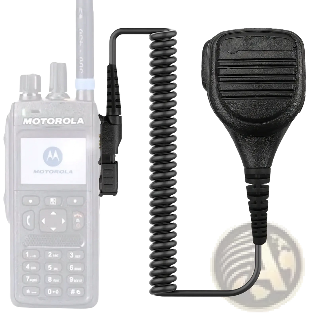 Black rubberized Motorola Pmmn4076a speaker microphone with coiled cord and clip for two-way radios