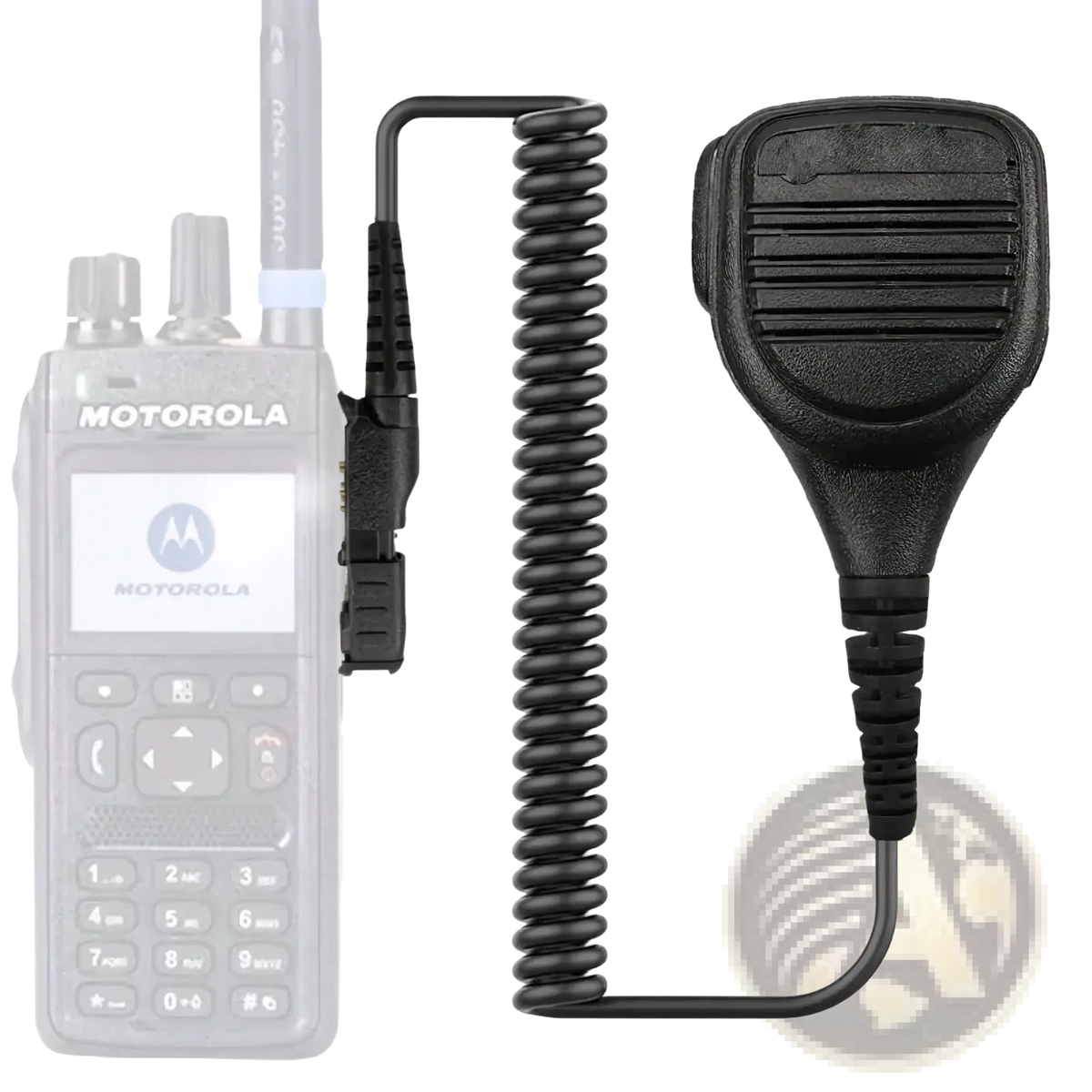 Black rubberized Motorola Pmmn4076a speaker microphone with coiled cord and clip for two-way radios