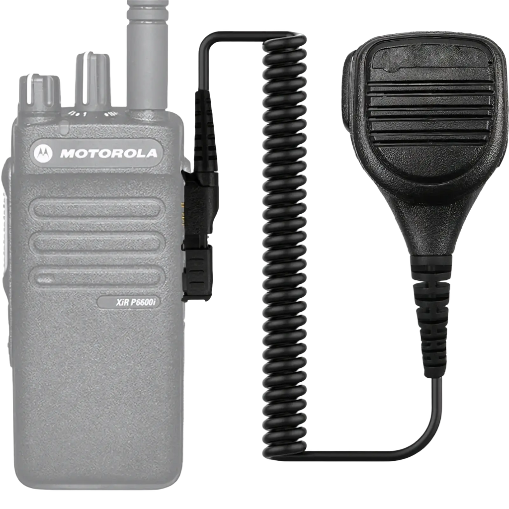 Black Motorola PMMN4076A speaker microphone with coiled cable for Motorola XIR P6600i two-way radio use