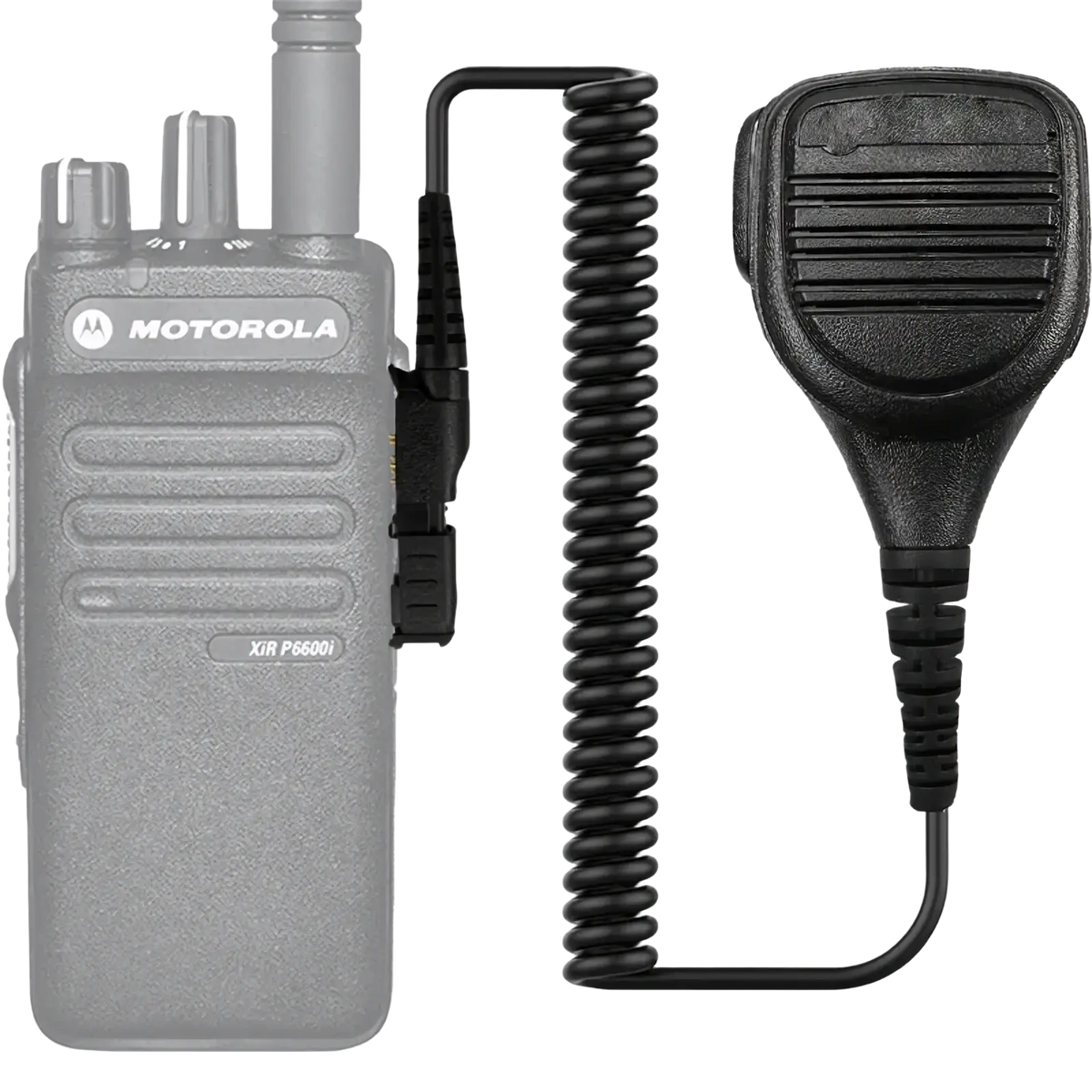 Black Motorola PMMN4076A speaker microphone with coiled cable for Motorola XIR P6600i two-way radio use