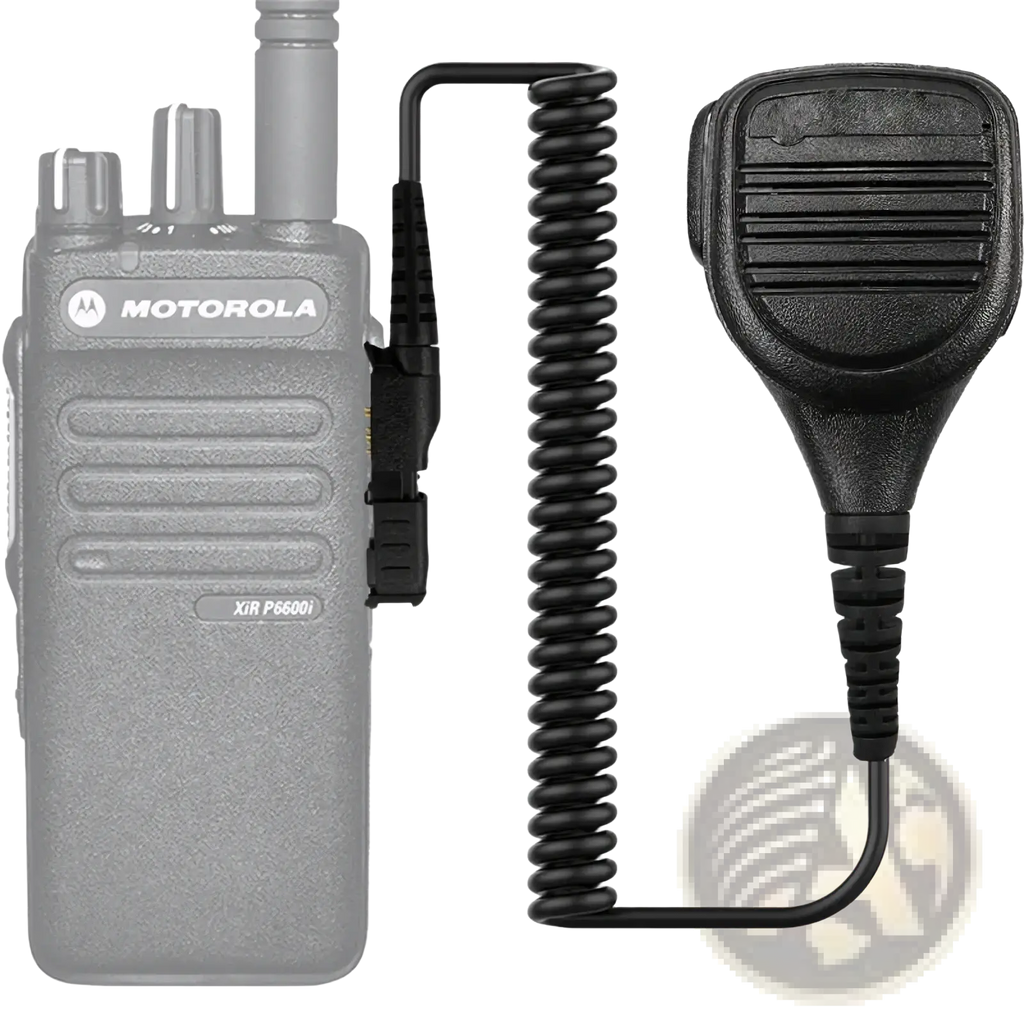 Black Motorola PMMN4076A speaker microphone with coiled cable for Motorola XIR P6600i two-way radio use