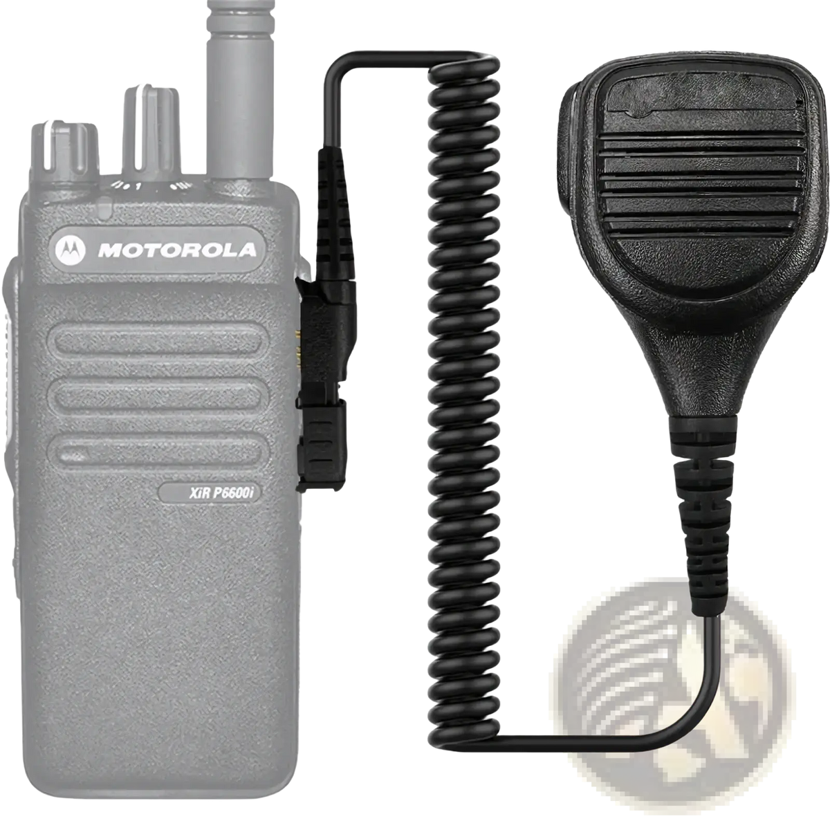 Black Motorola PMMN4076A speaker microphone with coiled cable for Motorola XIR P6600i two-way radio use