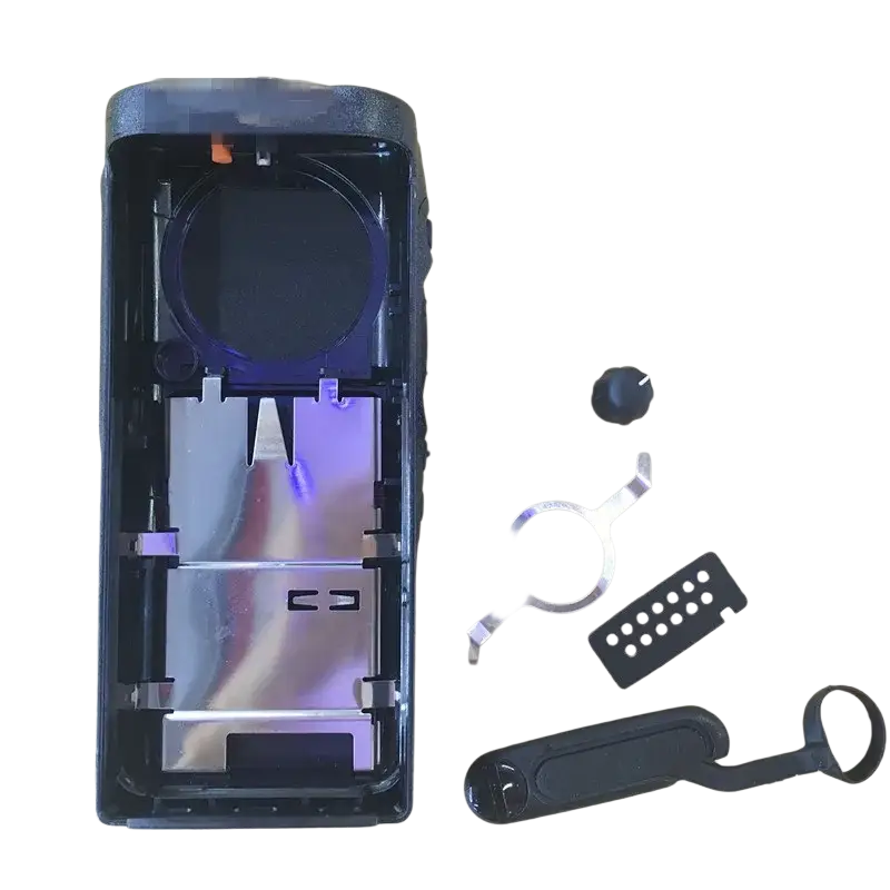 Black plastic motorola pro5150 case shell showing internal components and dust cover for walkie talkie
