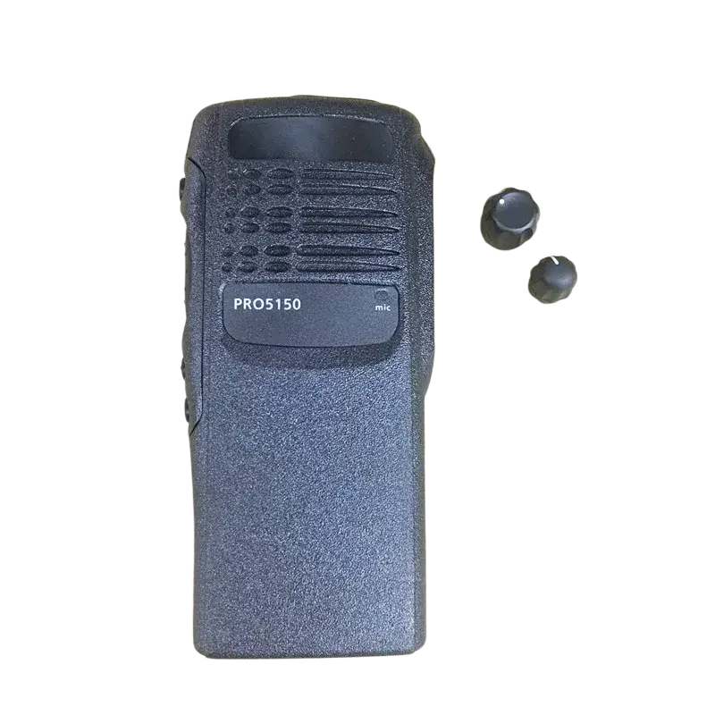 Black textured Motorola Pro5150 walkie talkie with two black knobs beside a protective case shell with dust cover