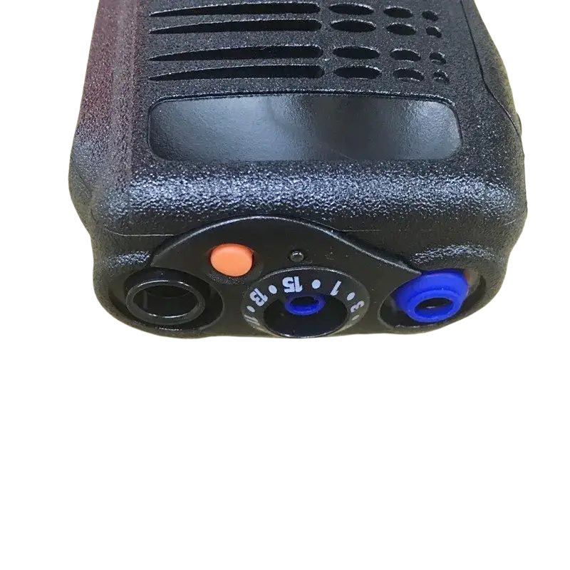 Black textured motorola pro5150 walkie talkie case shell with orange and blue buttons and rotary dial 1 to 5