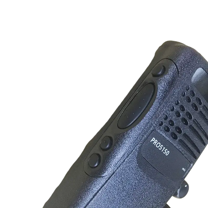 Black textured motorola pro5150 case shell and dust cover with pro5150 label and microphone port on front side
