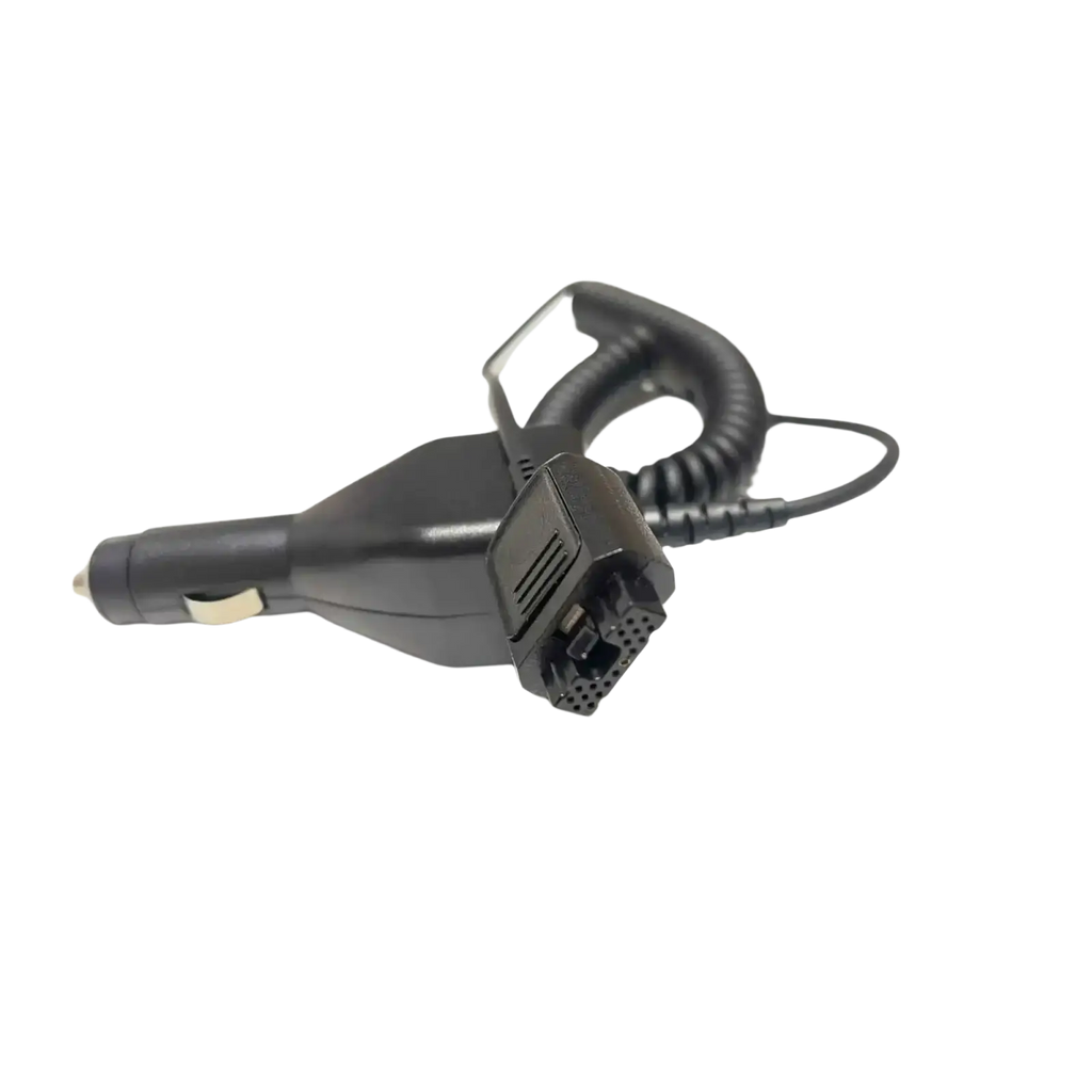 Black motorola tetra mtp3150 car charger with coiled cable and rectangular adapter head for 12v use