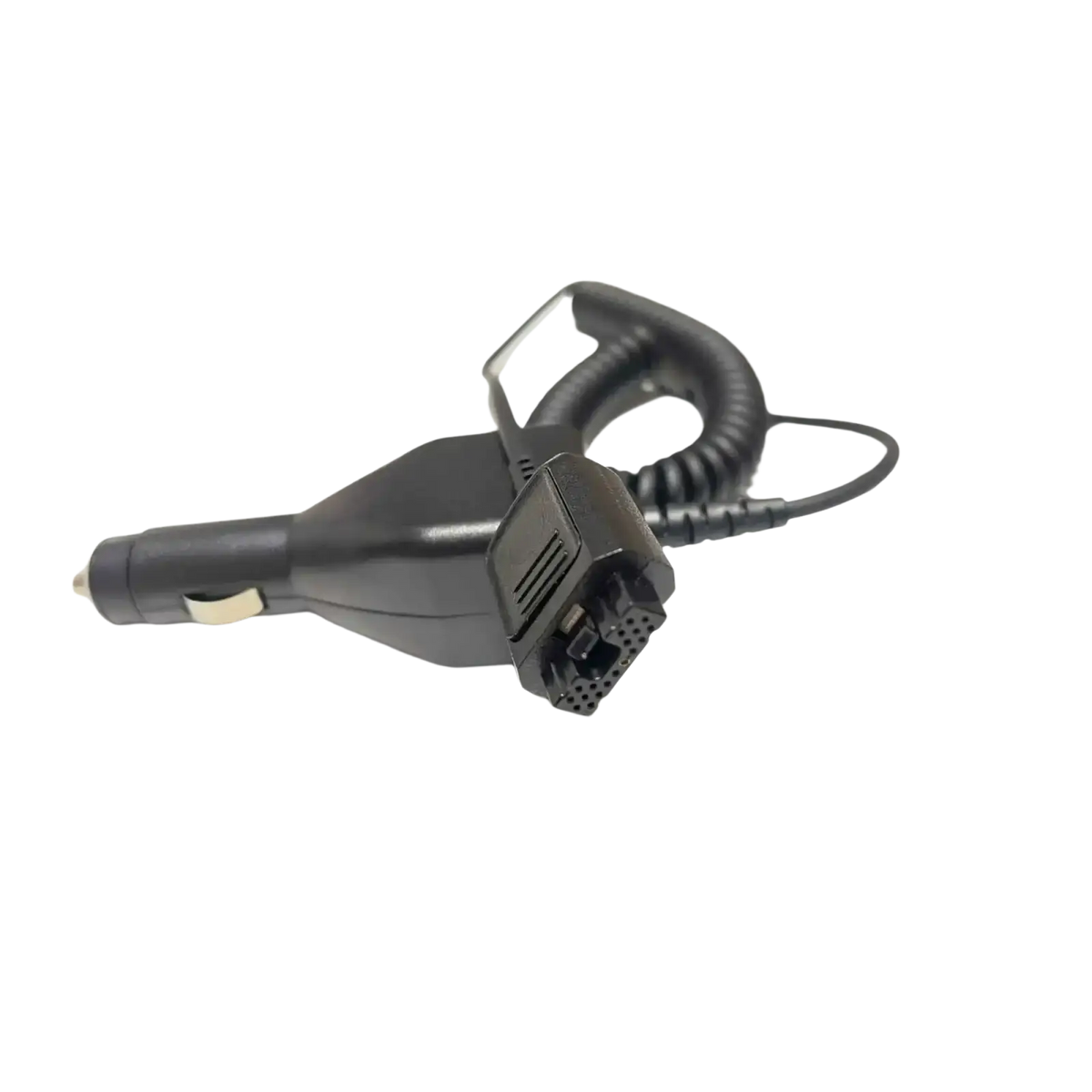 Black motorola tetra mtp3150 car charger with coiled cable and rectangular adapter head for 12v use