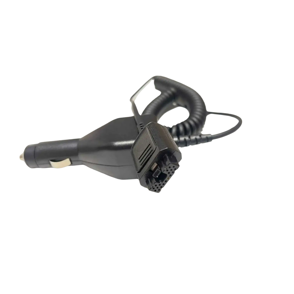 Black motorola tetra mtp3150 car charger with coiled cable and connector for communication devices 12v use