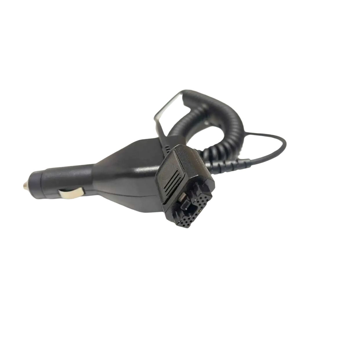 Black motorola tetra mtp3150 car charger with coiled cable and connector for communication devices 12v use