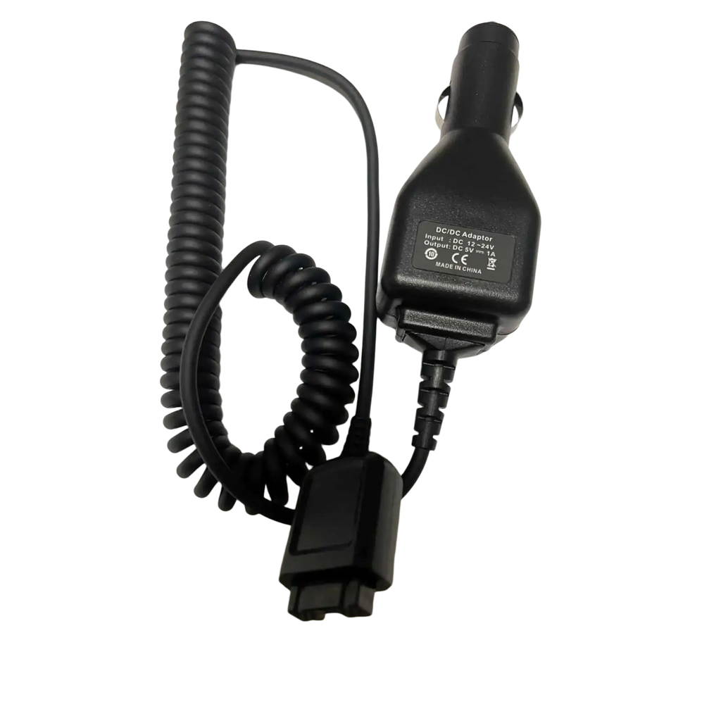 Black coiled Motorola Tetra Mtp3150 car charger adapter with dc/dc converter and plug for 12v vehicles