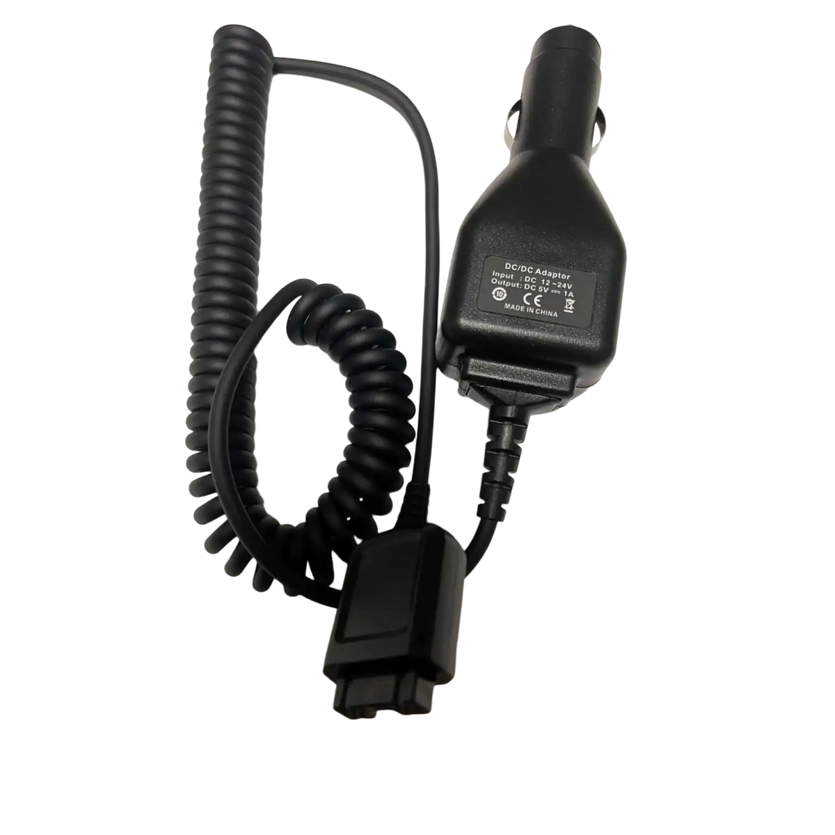 Black coiled Motorola Tetra Mtp3150 car charger adapter with dc/dc converter and plug for 12v vehicles