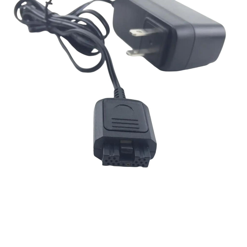 Black plastic motorola tetra mtp3150 car charger adapter with coiled power cord and rectangular plug for 12v use