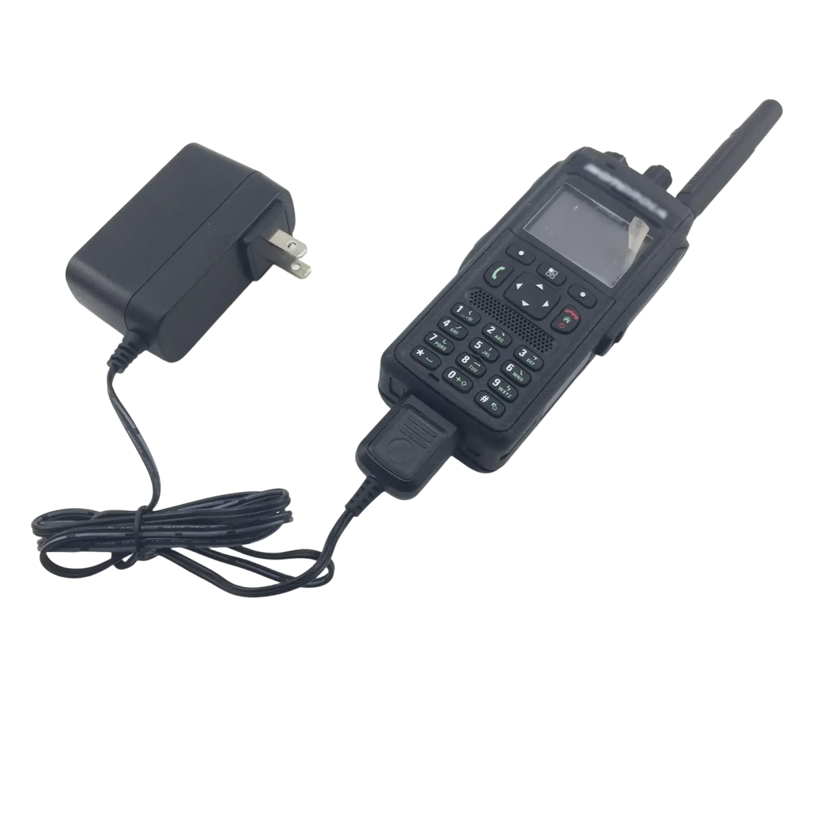 Black rugged motorola tetra mtp3150 two-way radio with numeric keypad and antenna connected to matching ac adapter