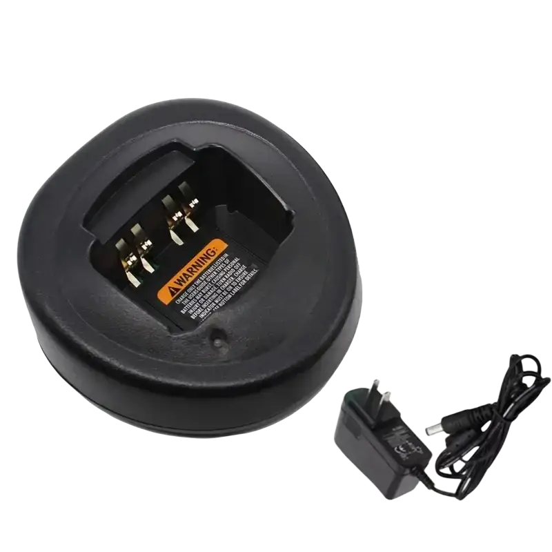 Black plastic motorola walkie talkie desktop charger with gold contacts and matching power adapter for gp328 ht750