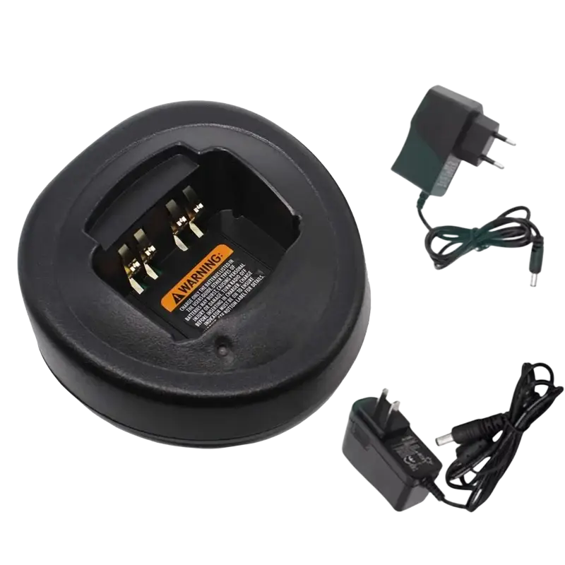 Black Motorola walkie talkie desktop charger for GP328 HT750 with gold contacts warning label and EU US power adapters