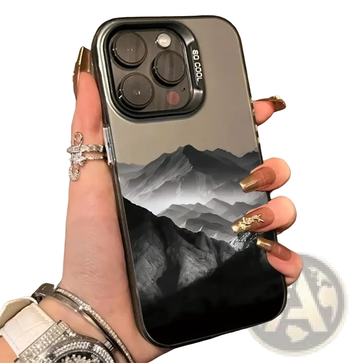 Black and gray mountain landscape glossy protective phone case showing the back side for iPhone models