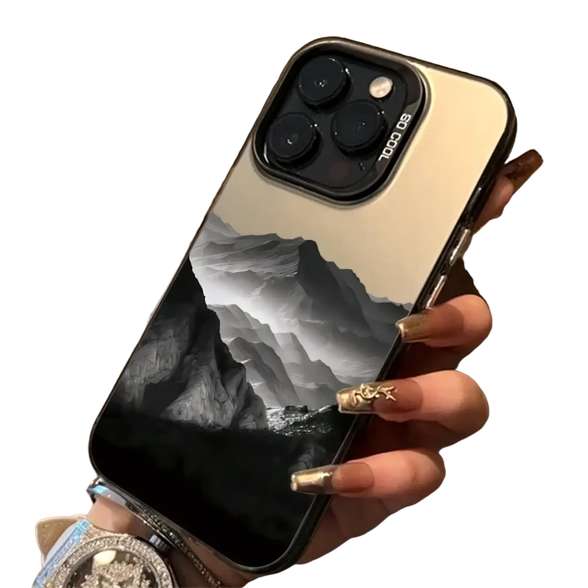 Black and white mountain landscape glossy protective iphone 13 pro case back with sleek design and camera module cutout