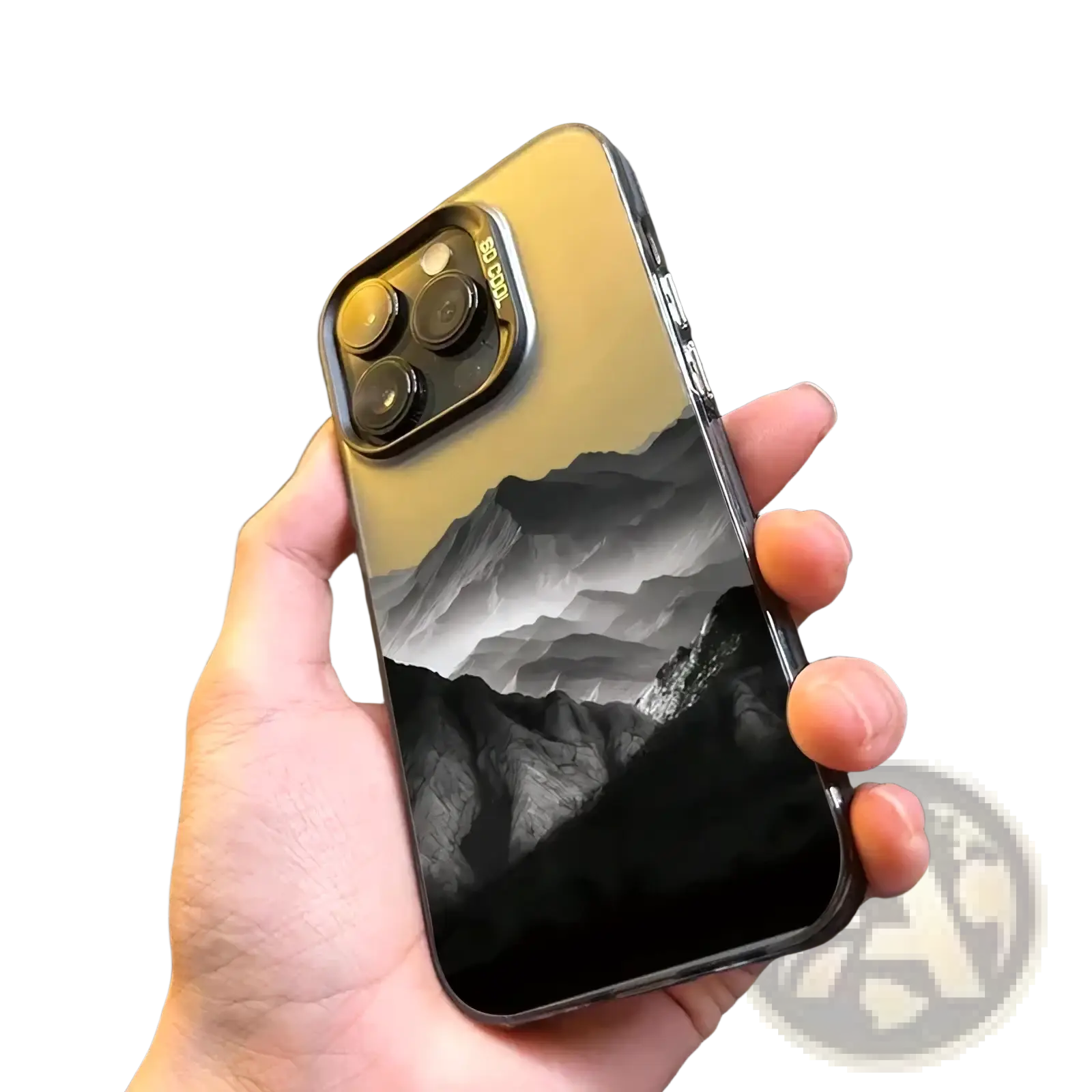 Back side of a sleek gold iPhone 13 Pro with a transparent glossy protective case featuring a black and white mountain design