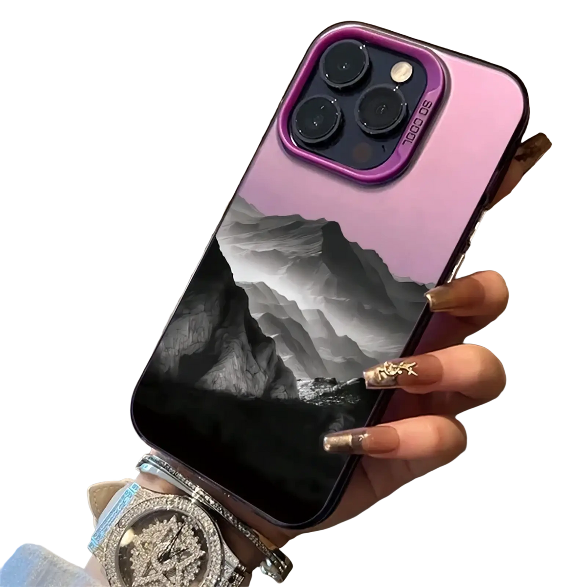 Back of a sleek mountain view iPhone case with black and white landscape design, purple camera ring, and glossy finish