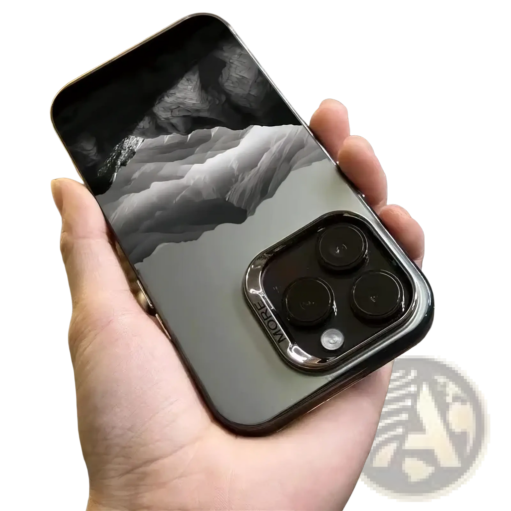 Back view of a sleek matte black mountain view iphone case with a reflective surface and silver metallic camera module